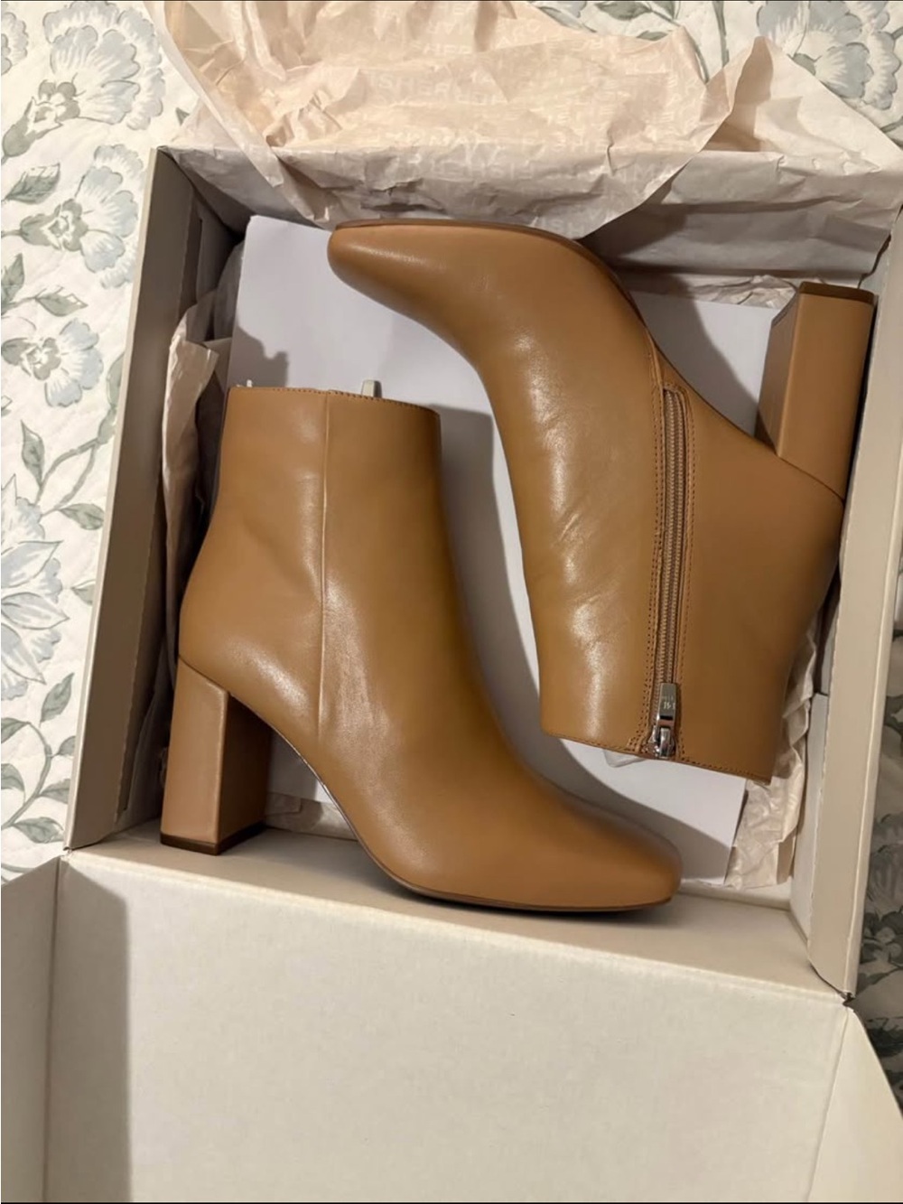 Marc Fisher Camel Tan Block Heel Leather Ankle Boots